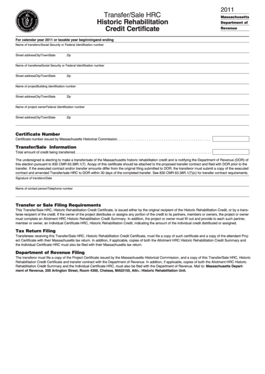 Transfer/sale Hrc - Historic Rehabilitation Credit Certificate - 2011 Printable pdf