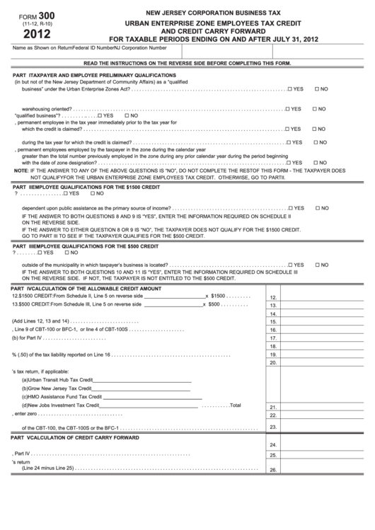 Fillable Form 300 - Urban Enterprise Zone Employees Tax Credit And Credit Carry Forward - New Jersey Corporation Business Tax - 2012 Printable pdf