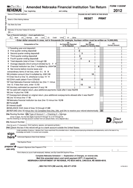 Fillable Form 1120xnf - Amended Nebraska Financial Institution Tax Return - 2012 Printable pdf