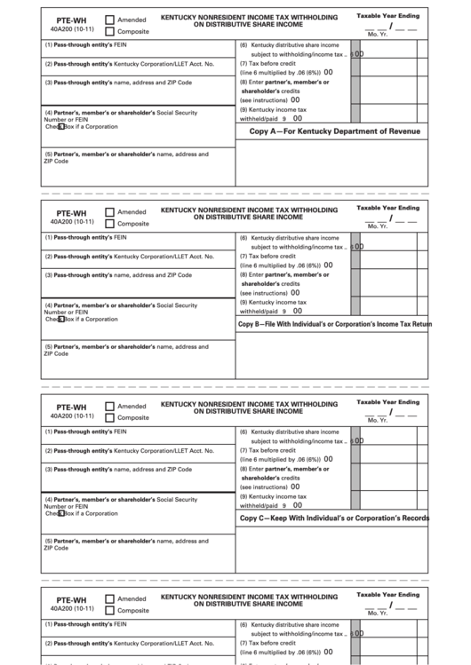 Form Pte-Wh - Kentucky Nonresident Income Tax Withholding On Distributive Share Income Printable pdf