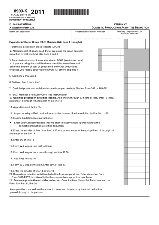 Form 8903-K - Kentucky Domestic Production Activities Deduction - 2011 Printable pdf