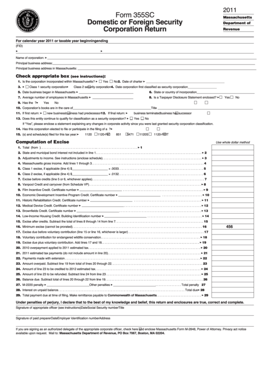 Form 355sc - Domestic Or Foreign Security Corporation Return - 2011 Printable pdf