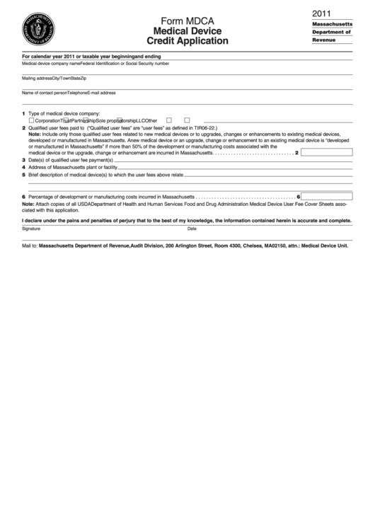 Form Mdca - Medical Device Credit Application - 2011 Printable pdf