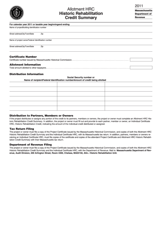 Allotment Hrc - Historic Rehabilitation Credit Summary - 2011 Printable pdf