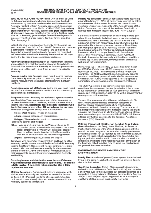 Instructions For Form 740-Np - Nonresident Or Part-Year Resident Income Tax Return - 2011 Printable pdf