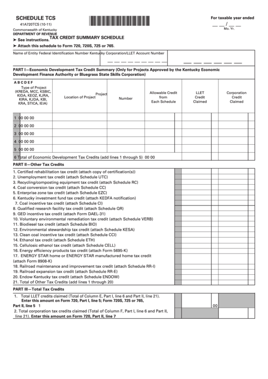 Schedule Tcs (Form 41a720tcs) - Tax Credit Summary Schedule Printable pdf