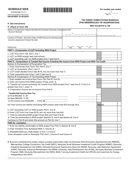 Schedule Kida (Form 41a720-S20) - Tax Credit Computation Schedule (For A Kida Project Of A Corporation) Printable pdf