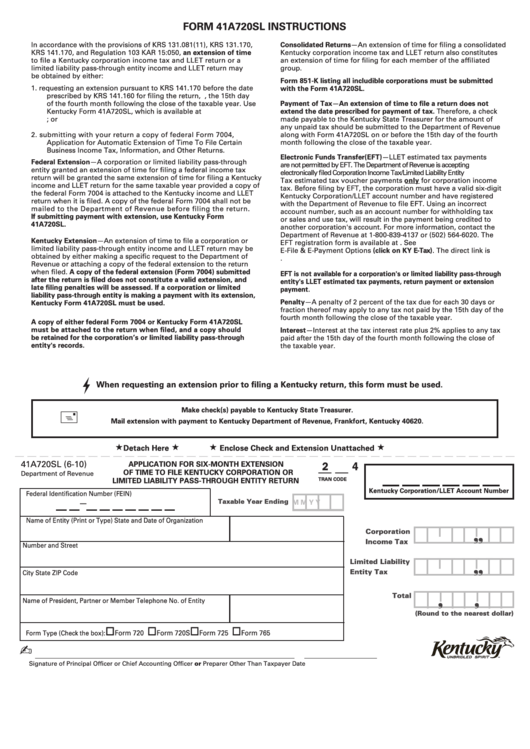 Form 41a720sl - Application For Six-Month Extension Of Time To File Kentucky Corporation Or Limited Liability Pass-Through Entity Return Printable pdf