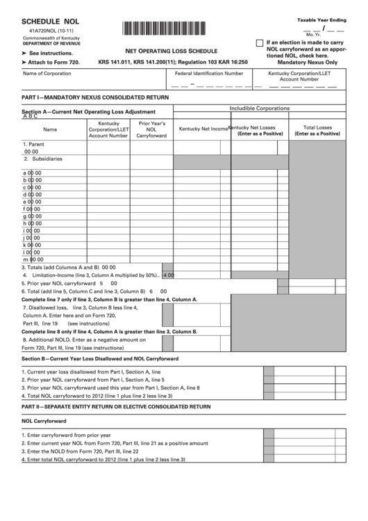 Schedule Nol (Form 41a720nol) - Net Operating Loss Schedule Printable pdf