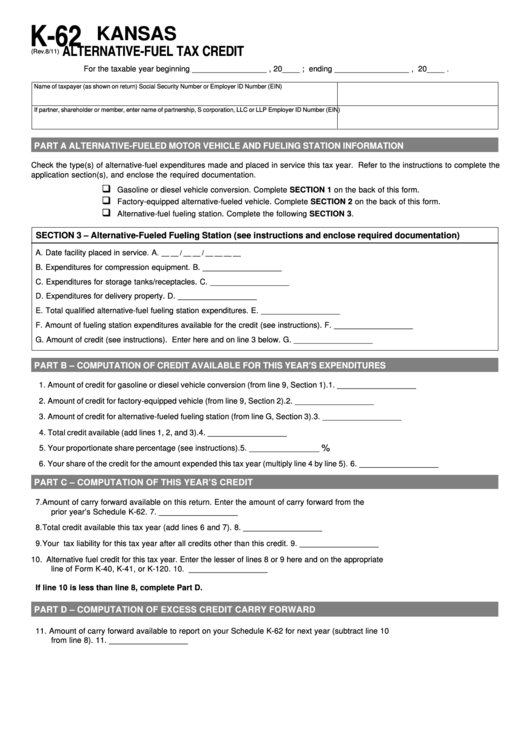 Schedule K 62 Alternative Fuel Tax Credit Printable Pdf Download