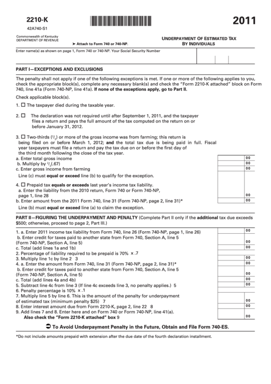 Fillable Form 2210-K - Underpayment Of Estimated Tax By Individuals - 2011 Printable pdf