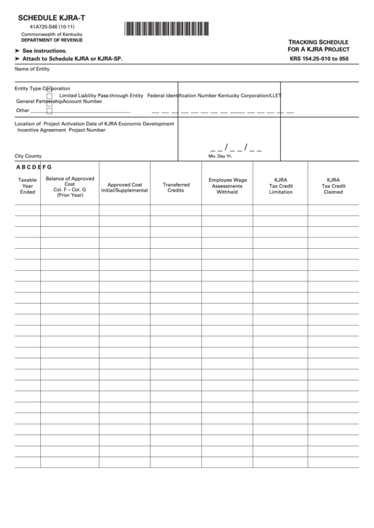 Schedule Kjra-T (Form 41a720-S46) - Tracking Schedule For A Kjra Project Printable pdf