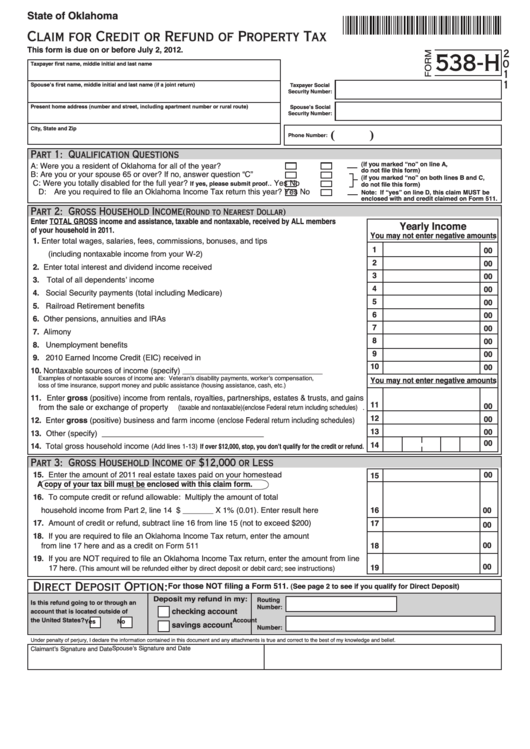 Fillable Form 538-H - Claim For Credit Or Refund Of Property Tax - 2011 Printable pdf