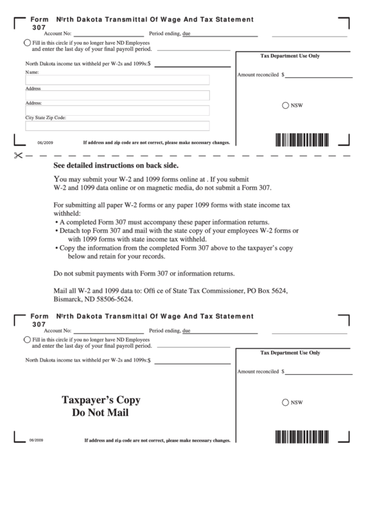 Fillable Form 307 - North Dakota Transmittal Of Wage And Tax Statement Printable pdf