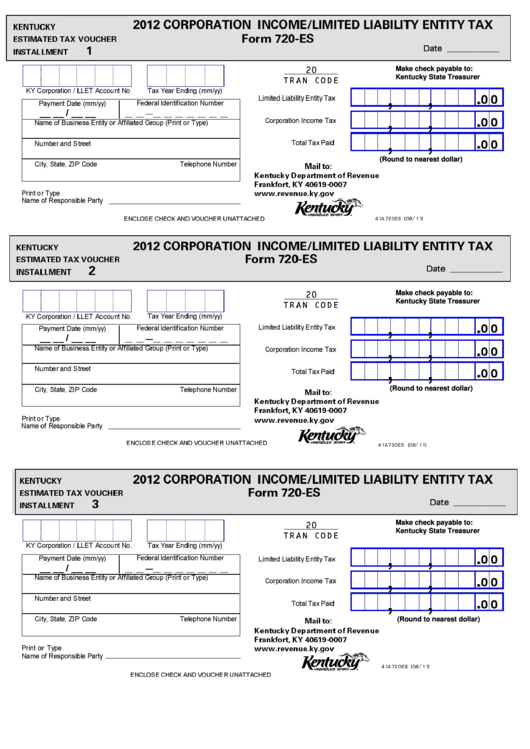 Form 720-Es - Kentucky Estimated Tax Voucher - 2012 Printable pdf