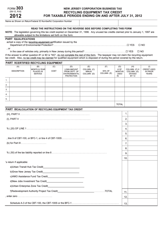 Fillable Form 303 - Recycling Equipment Tax Credit - New Jersey Corporation Business Tax - 2012 Printable pdf