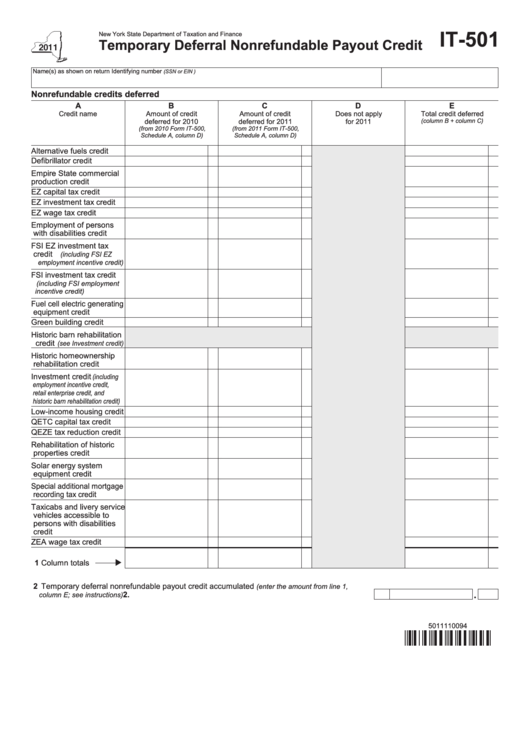 Fillable Form It-501 - Temporary Deferral Nonrefundable Payout Credit - 2011 Printable pdf