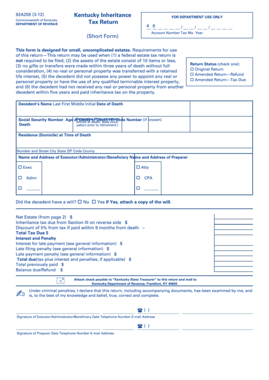Form 92a205 - Kentucky Inheritance Tax Return (Short Form) - Kentucky Department Of Revenue Printable pdf