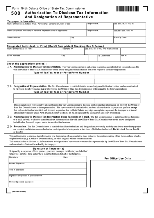 Fillable Form 500 - Authorization To Disclose Tax Information And Designation Of Representative - North Dakota Office Of State Tax Commissioner Printable pdf