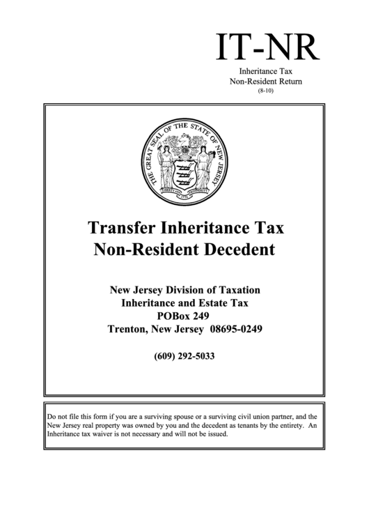 Fillable Form It-Nr - Inheritance Tax Return Non-Resident Decedent - New Jersey Division Of Taxation Printable pdf
