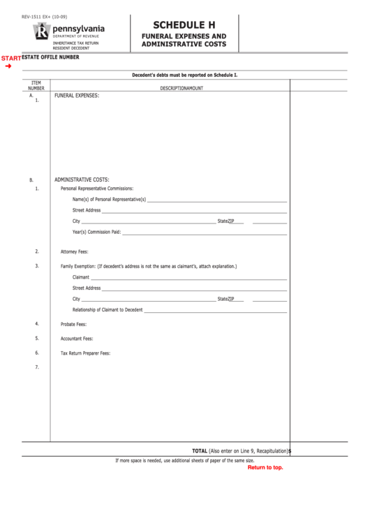 Fillable Form Rev-1511 Ex+ - Schedule H Funeral Expenses And Administrative Costs Printable pdf