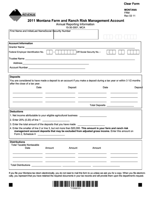 Fillable Form Frm - Montana Farm And Ranch Risk Management Account Annual Reporting Information - 2011 Printable pdf