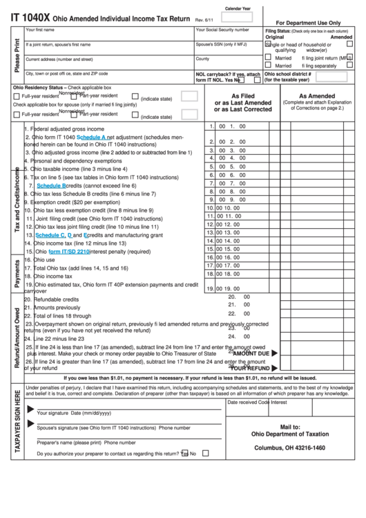 Form It 1040x - Ohio Amended Individual Income Tax Return