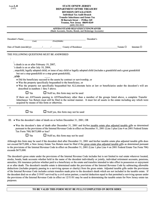 Fillable Form L-8 - Affidavit And Self-Executing Waiver - State Of New Jersey Department Of The Treasury Printable pdf