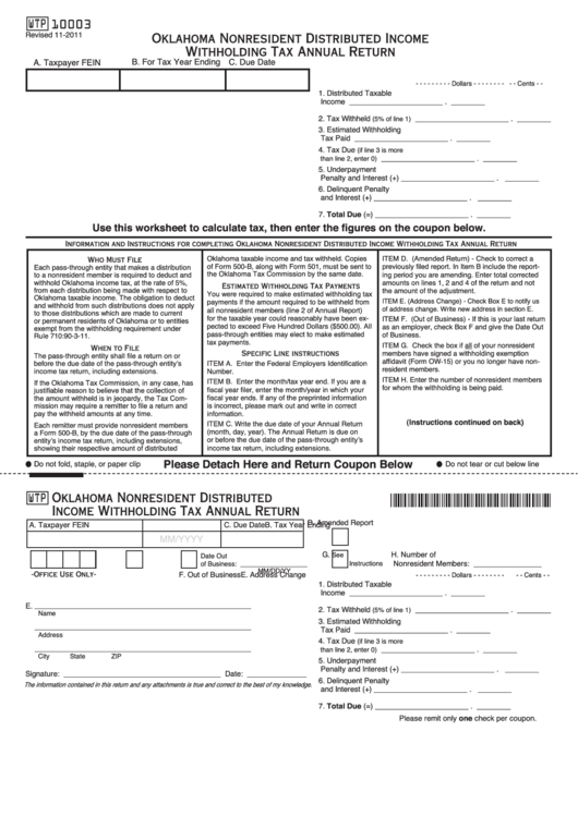 Fillable Oklahoma Nonresident Distributed Income Withholding Tax Annual Return Printable pdf