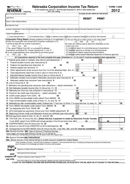 Fillable Form 1120n - Nebraska Corporation Income Tax Return - 2012 Printable pdf