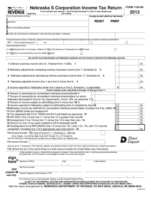 Fillable Form 1120-Sn - Nebraska S Corporation Income Tax Return - 2012 Printable pdf
