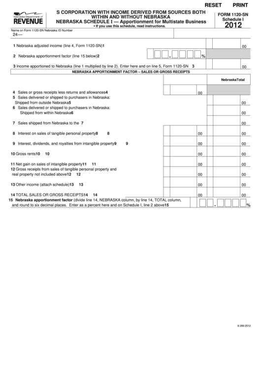 Fillable Form 1120-Sn - S Corporation With Income Derived Form Sources Both Within And Without Nebraska - 2012 Printable pdf