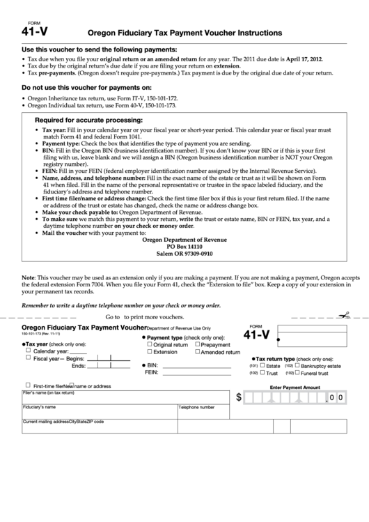 Form 41-V - Oregon Fiduciary Tax Payment Voucher Instructions Printable pdf