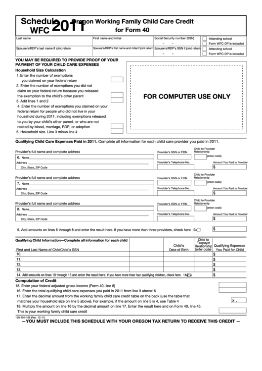 Schedule Wfc - Oregon Working Family Child Care Credit For Form 40 - 2011