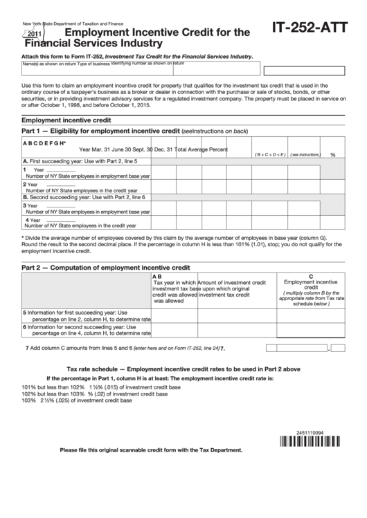 Fillable Form It-252-Att - Employment Incentive Credit For The Financial Services Industry - 2011 Printable pdf