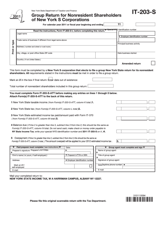 Fillable Form It-203-S - Group Return For Nonresident Shareholders Of New York S Corporations - 2011 Printable pdf