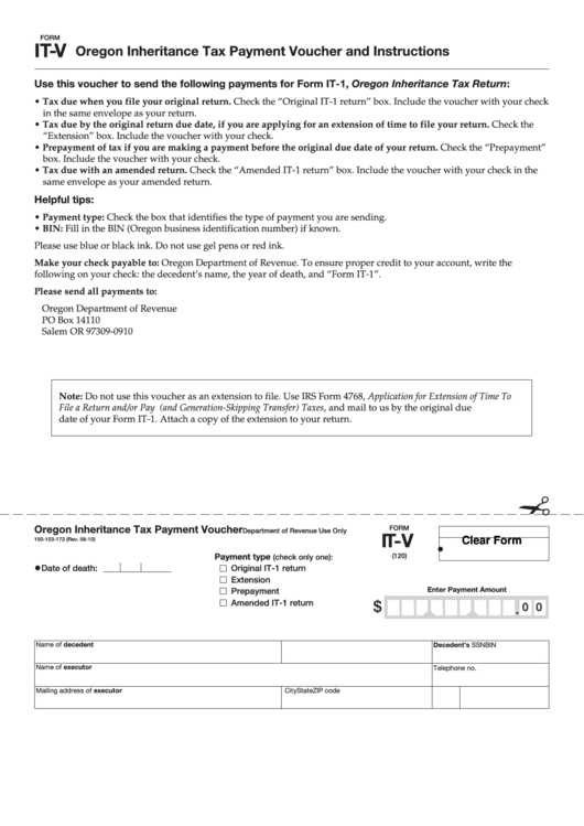 Form It-V - Oregon Inheritance Tax Payment Voucher And Instructions Printable pdf