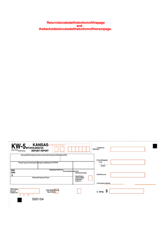 Fillable Form Kw-5 - Kansas Withholding Tax Deposit Report Printable pdf
