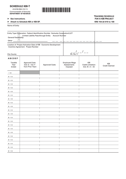 Schedule Kbi-T (Form 41a720-S55) - Tracking Schedule For A Kbi Project Printable pdf