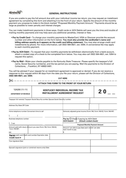 Fillable Form 12a200 - Kentucky Individual Income Tax Installment Agreement Request Printable pdf