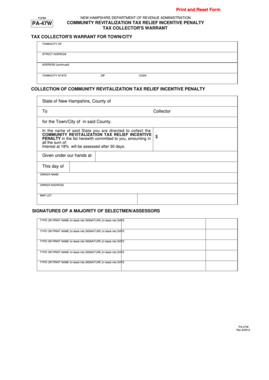 Fillable Form Pa-47w - Community Revitalization Tax Relief Incentive Penalty Tax Collector