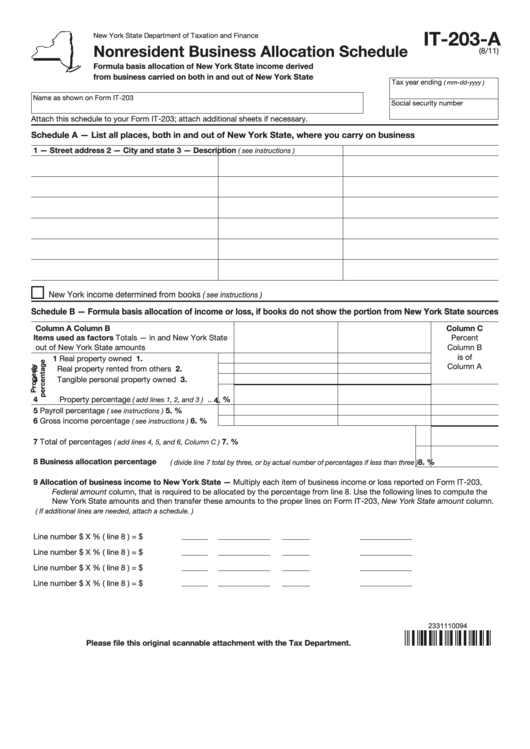 Fillable Form It-203-A - Nonresident Business Allocation Schedule Printable pdf
