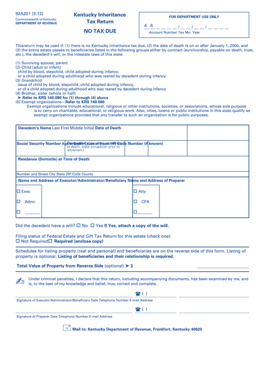 Form 92a201 - Kentucky Inheritance Tax Return - Kentucky Department Of Revenue Printable pdf