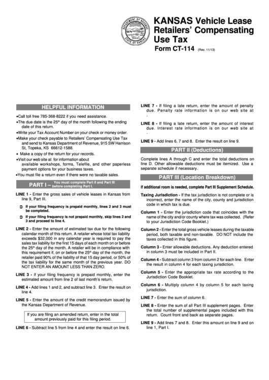 Fillable Form Ct114 Kansas Vehicle Lease Retailers' Compensating Use