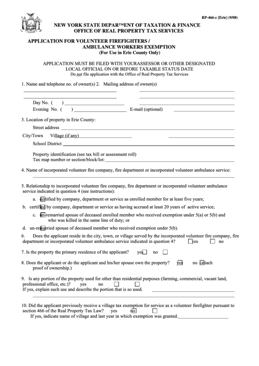 Fillable Form Rp-466-C [erie] - Application For Volunteer Firefighters / Ambulance Workers Exemption Printable pdf