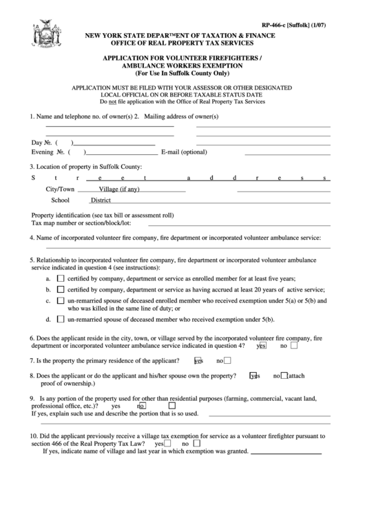 Fillable Form Rp-466-C [suffolk] - Application For Volunteer ...