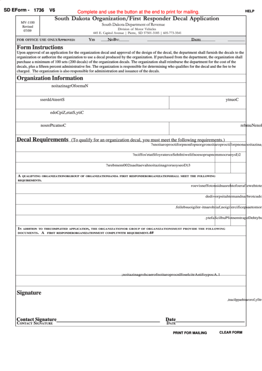 Fillable Sd Eform 1736 V6 - South Dakota Organization/first Responder Decal Application Printable pdf