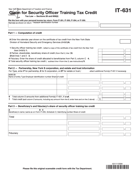 Fillable Form It-631 - Claim For Security Officer Training Tax Credit - 2011 Printable pdf