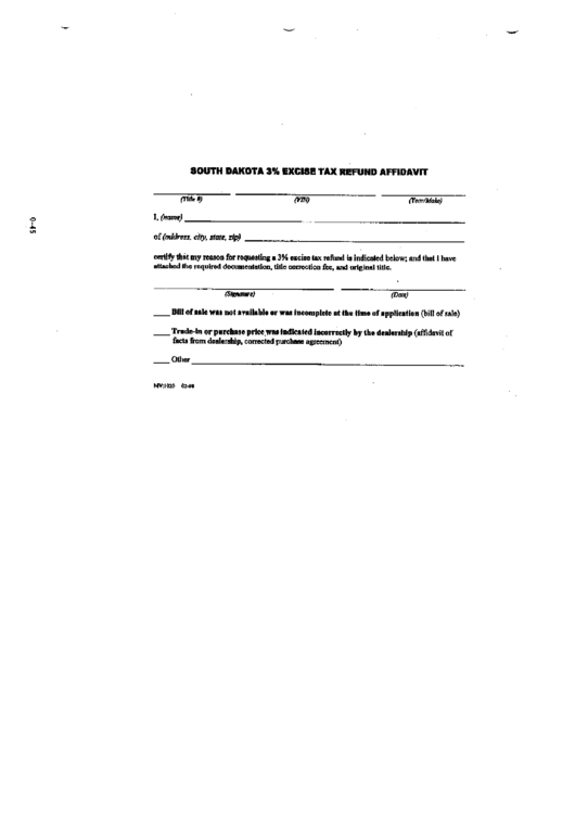 Form Mv:1020 - South Dakota 3% Excise Tax Refund Affidavit Printable pdf