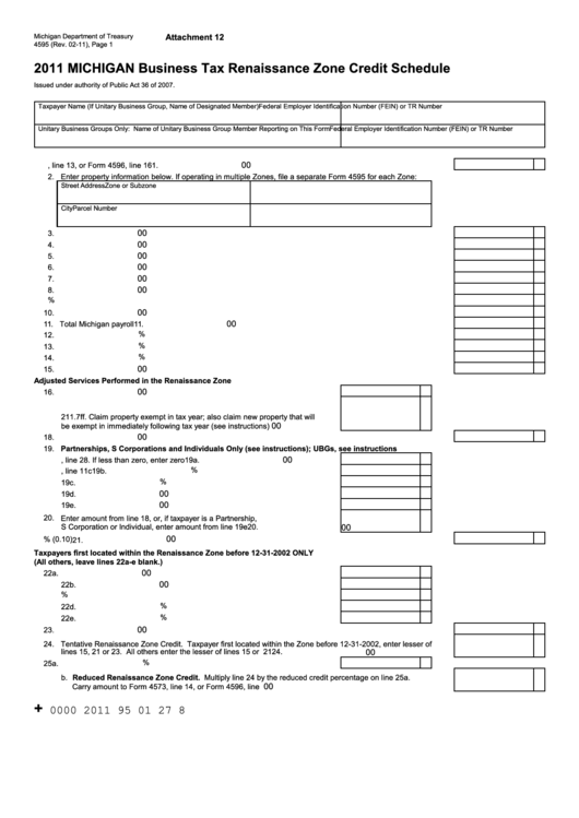 Form 4595 - Michigan Business Tax Renaissance Zone Credit Schedule - 2011 Printable pdf
